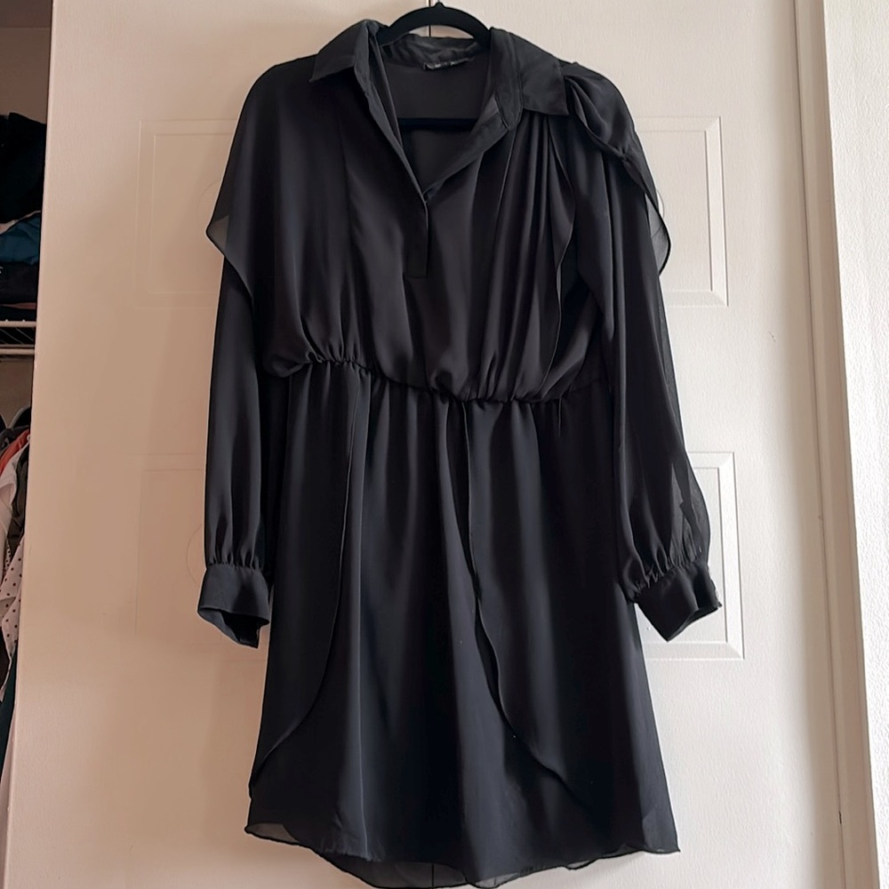 Long sleeve, short black dress, sheer details